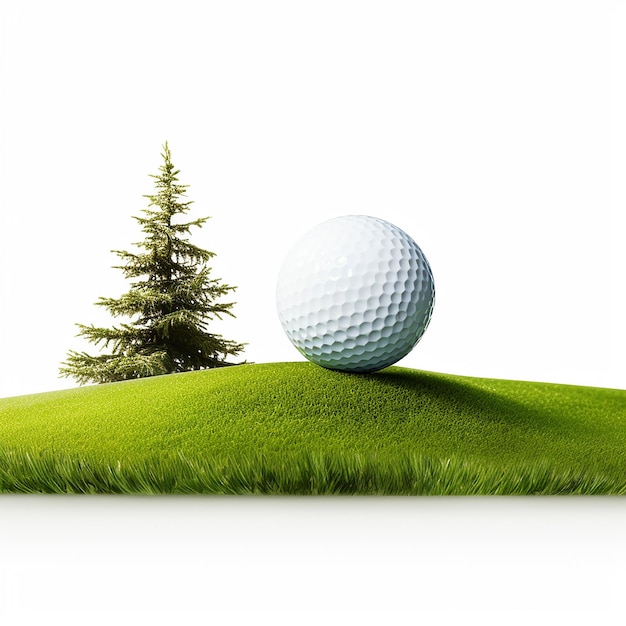 una palla da golf su un'erba con un pino sullo sfondo