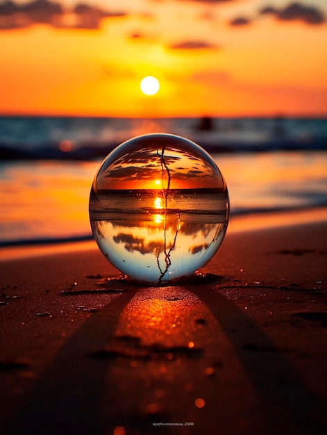 Una palla di cristallo sulla spiaggia con un tramonto sullo sfondo