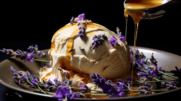 Una palla di gelato al miele di lavanda spruzzato di miele locale