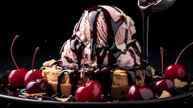 Una palla di gelato alla ciliegia nera cosparsa di salsa di cioccolato scuro
