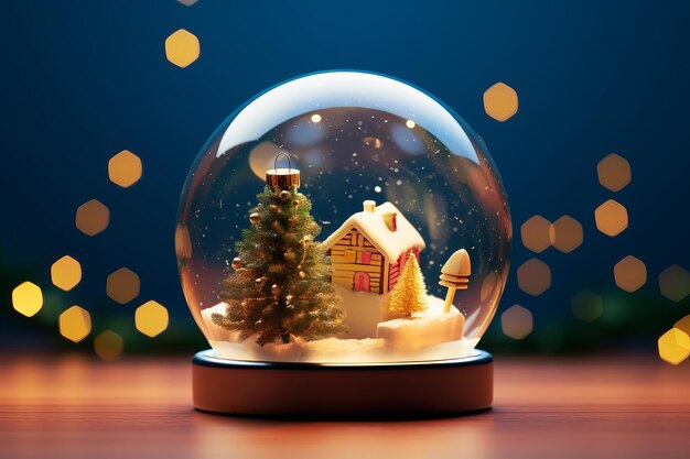 Una palla di neve con una casa all'interno e un albero di Natale in cima.