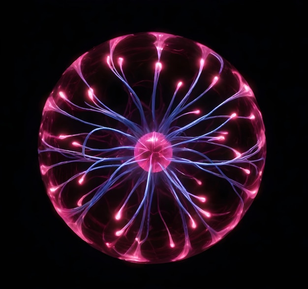 Una palla di plasma con filamenti luminosi rosa e blu che emanano dal centro
