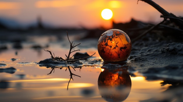 una palla di vetro arancione seduta nell'acqua al tramonto