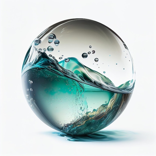 Una palla di vetro con dell'acqua e sopra la parola "acqua".