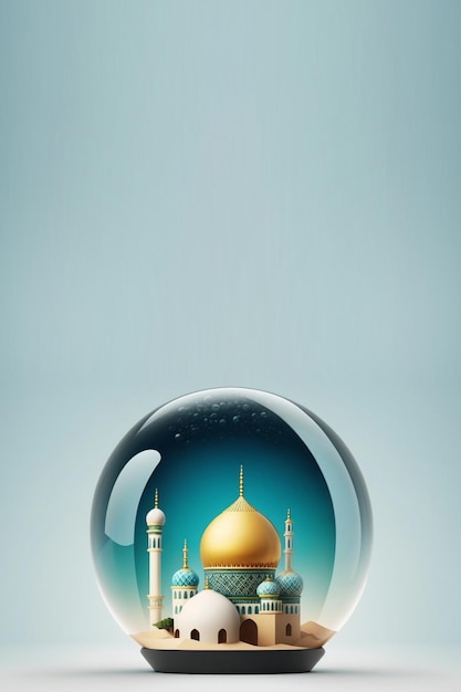 una palla di vetro con dentro una miniatura di una moschea sopra il deserto