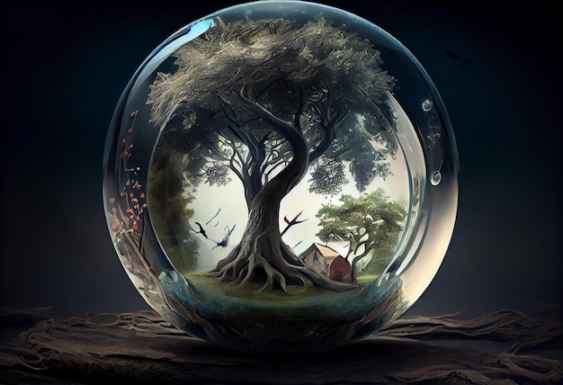 Una palla di vetro con un albero al suo interno una pittura opaca fantasy art fantasy surrealista Genera Ai