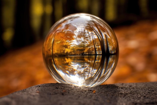Una palla di vetro con un lago sullo sfondo
