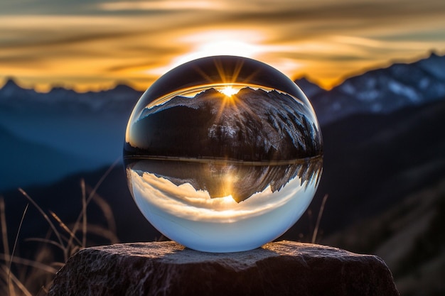 Una palla di vetro con un paesaggio montano sullo sfondo