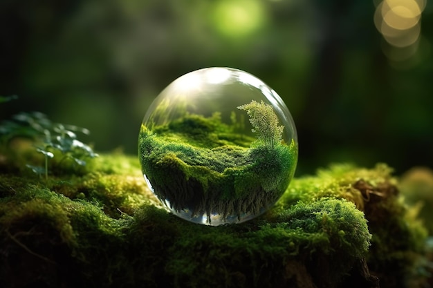 Una palla di vetro con una foresta sullo sfondo