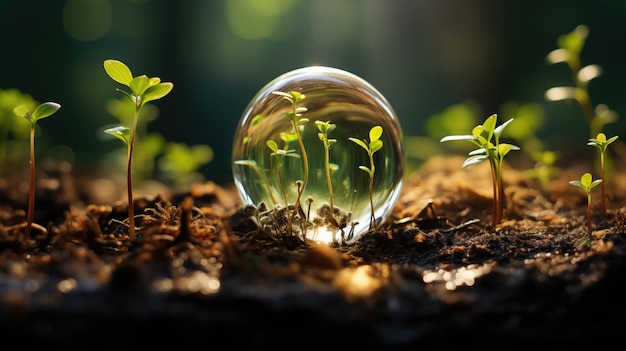 Una palla di vetro di cristallo con un albero dentro salva l'ambiente preserva un pianeta pulito AI