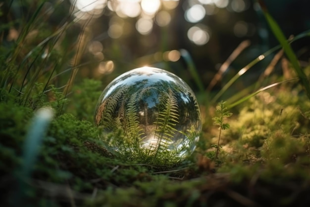 Una palla di vetro nella foresta con felci a terra IA generativa