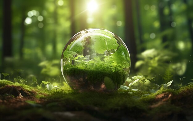 Una palla di vetro nella foresta con uno sfondo verde e una pianta frondosa al centro.