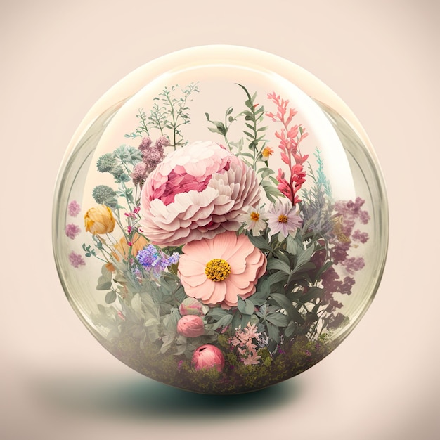 Una palla di vetro rotonda con fiori e piante sopra.