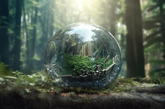 Una palla di vetro seduta sopra un'immagine ai generatrice di un ceppo d'albero