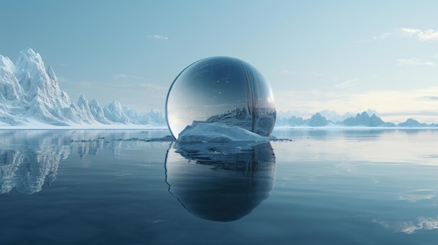 Una palla di vetro si trova nell'acqua con gli iceberg sullo sfondo