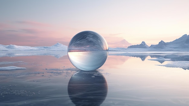 Una palla di vetro si trova su una superficie d'acqua con le montagne sullo sfondo