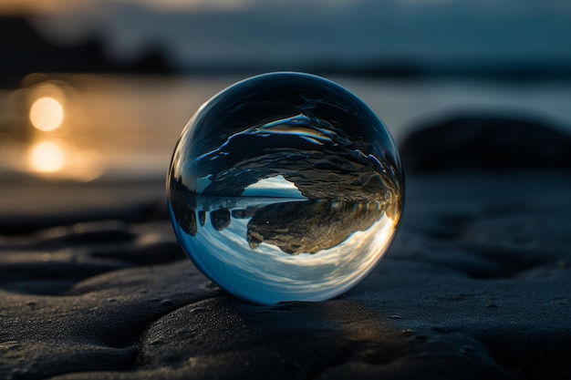 Una palla di vetro sulla spiaggia con un tramonto sullo sfondo