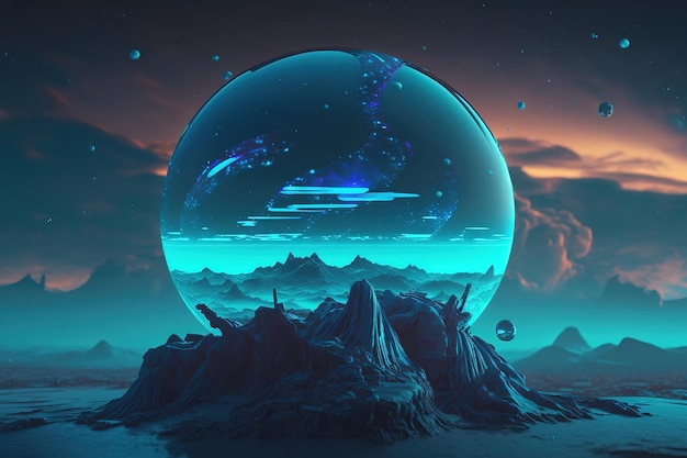 Una palla fantastica con una montagna e una lunaBellissima illustrazione magica e fantastica Misteriosa magia AI