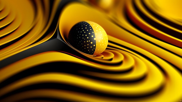 Una palla gialla è circondata da onde nere e gialle.