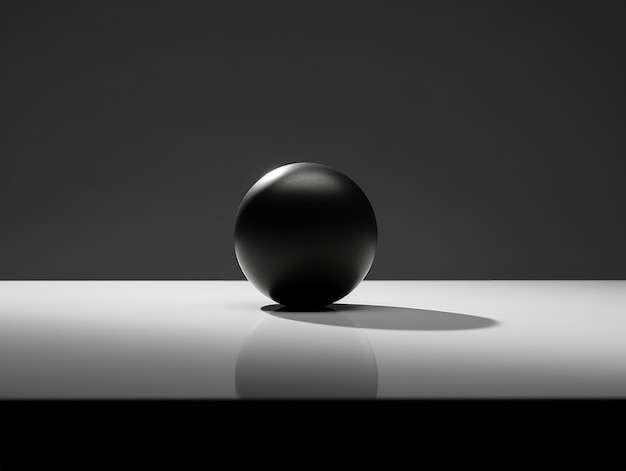 Una palla nera si trova su una superficie bianca con un'ombra sul muro.