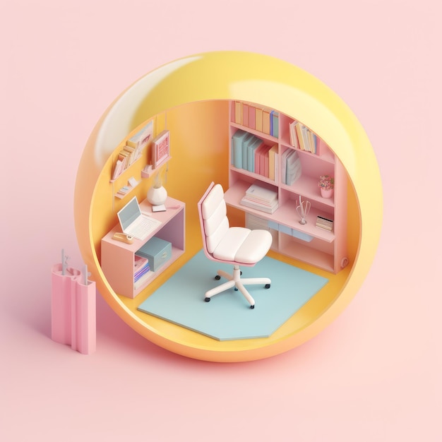 Una palla rotonda gialla con una sedia rosa e una scrivania con sopra dei libri