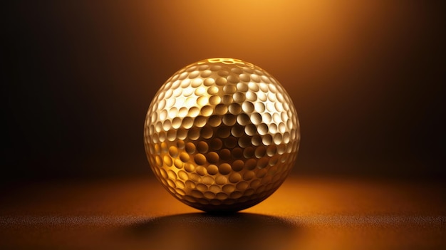 una pallina da golf dorata con base dorata è illuminata da una luce gialla.