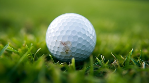 Una pallina da golf è sull'erba davanti a uno sfondo verde.