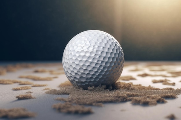 Una pallina da golf si trova sulla sabbia con uno sfondo scuro.