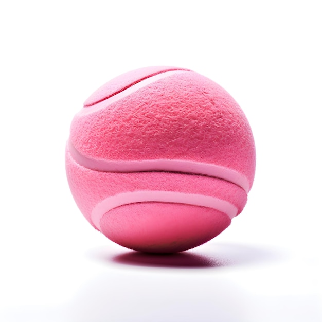 Una pallina da tennis rosa con vernice rosa e sfondo bianco.