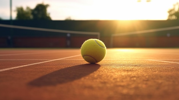 Una pallina da tennis su un campo da tennis al sole