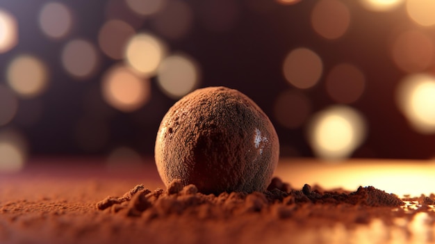 Una pallina di cioccolato si trova su un tavolo con uno sfondo sfocato.
