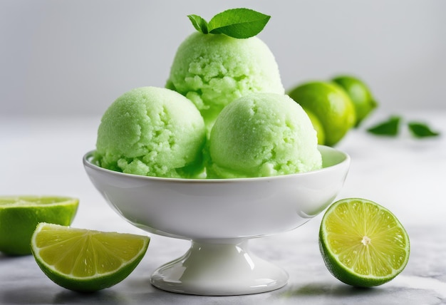 Una pallina di sorbetto al lime verde brillante con sopra fette di lime