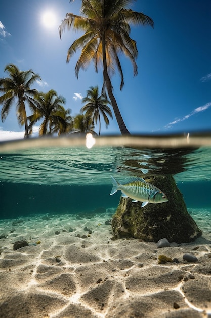 Una palma e un pesce sott'acqua