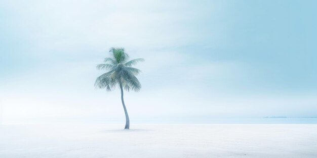 Una palma solitaria su una spiaggia bianca Pace sae con nebbia Pace tranquillo sul litorale Paesaggio generativo AI