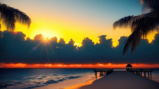 Una palma su una spiaggia al tramonto