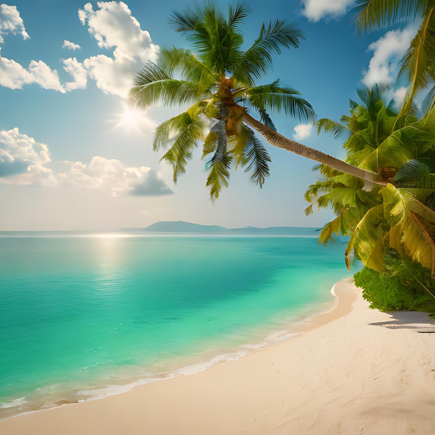 una palma su una spiaggia con il sole che splende attraverso le nuvole