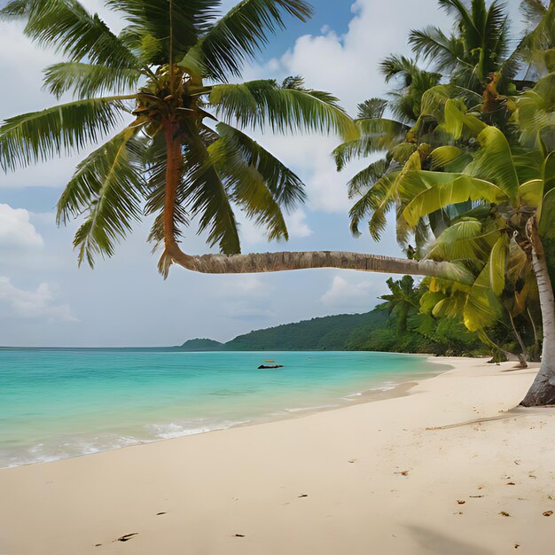 una palma su una spiaggia con un'acqua blu e una palma sullo sfondo