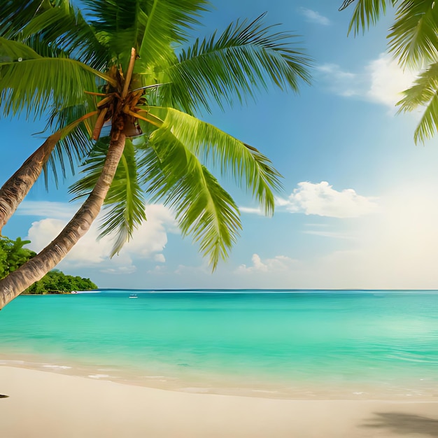 una palma su una spiaggia con un cielo blu e l'oceano sullo sfondo