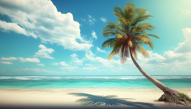 Una palma su una spiaggia con un cielo blu e nuvole