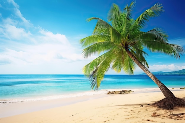 Una palma su una spiaggia con un cielo blu sullo sfondo