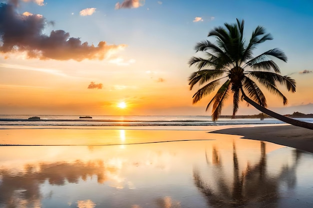 Una palma sulla spiaggia al tramonto