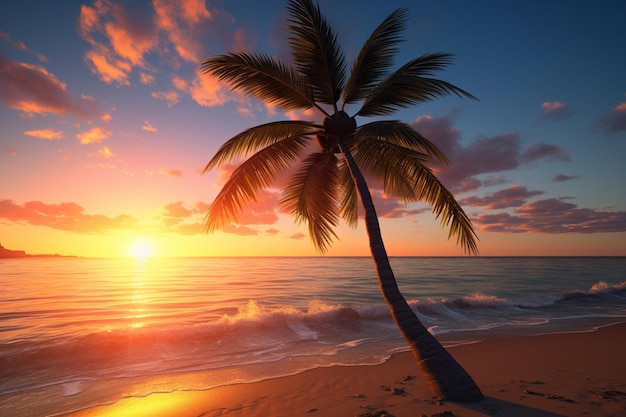 Una palma sulla spiaggia durante il tramonto