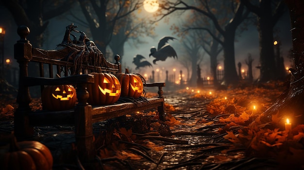 Una panca di legno e una spaventosa notte di Halloween splendidamente realizzati con l'intelligenza artificiale generativa
