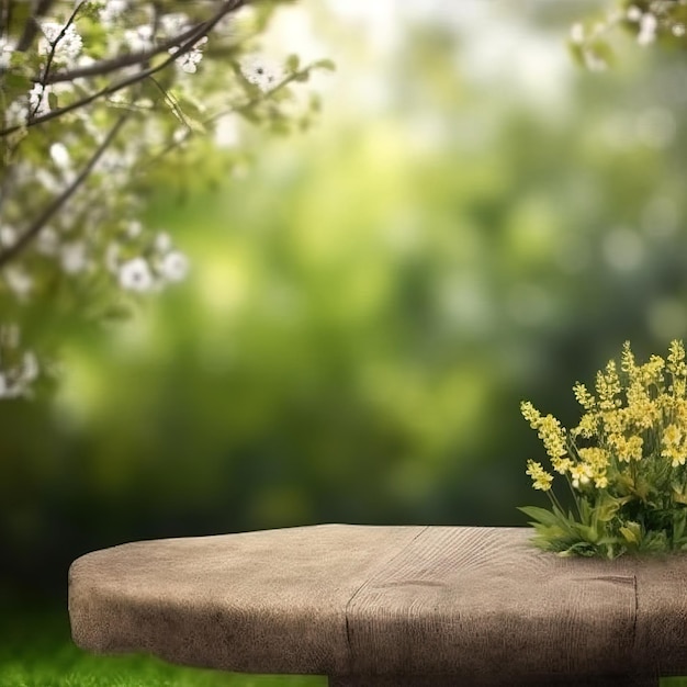 Una panca di pietra con dei fiori sopra e un albero sullo sfondo.