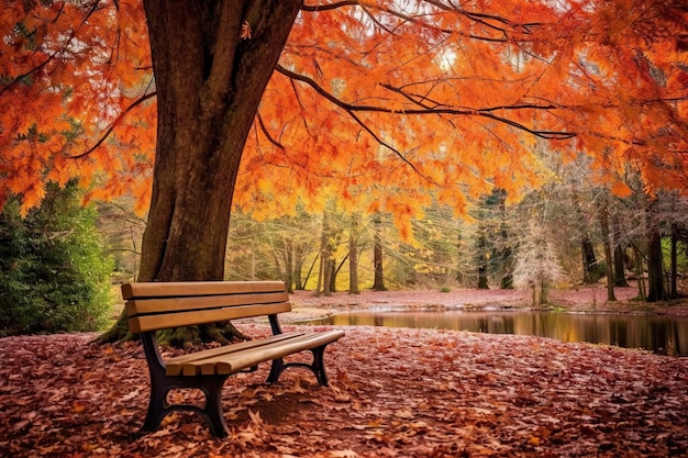 una panchina al centro di un parco con foglie autunnali a terra e alberi che virano al colore rosso-arancio