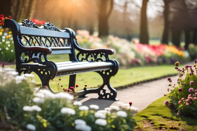 Una panchina del parco con un letto di fiori e un tramonto sullo sfondo