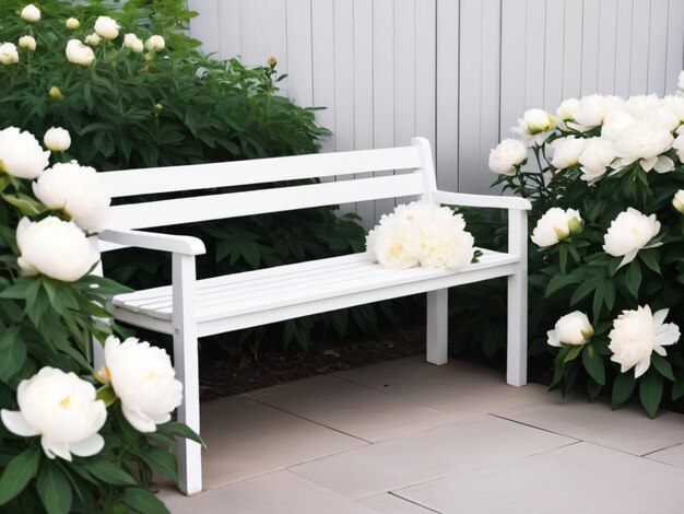 Una panchina di legno bianca circondata da peonie bianche