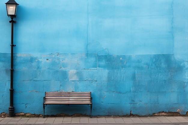 Una panchina è contro un muro blu e ha un muro blu.