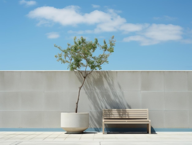 una panchina e un albero accanto a un muro