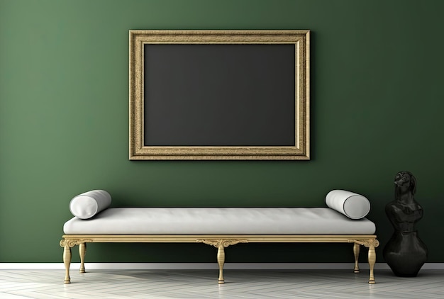 una panchina e una cornice fotografica sulla parete verde simulano un'illustrazione 3D nello stile del bianco scuro e dell'oro